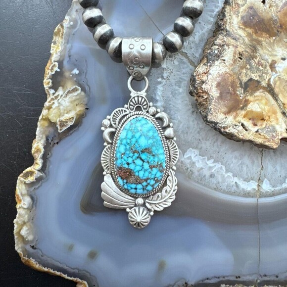 Sterling Southwestern Style Large Egg-shape Kingman Turquoise Pendant For Women - Picture 2 of 10